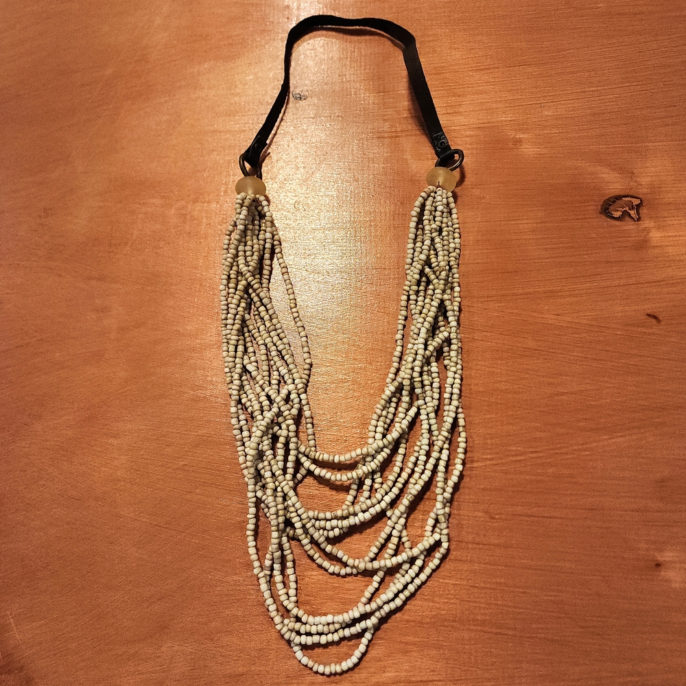 Vintage Limestone Beaded Necklace with Leather Strap